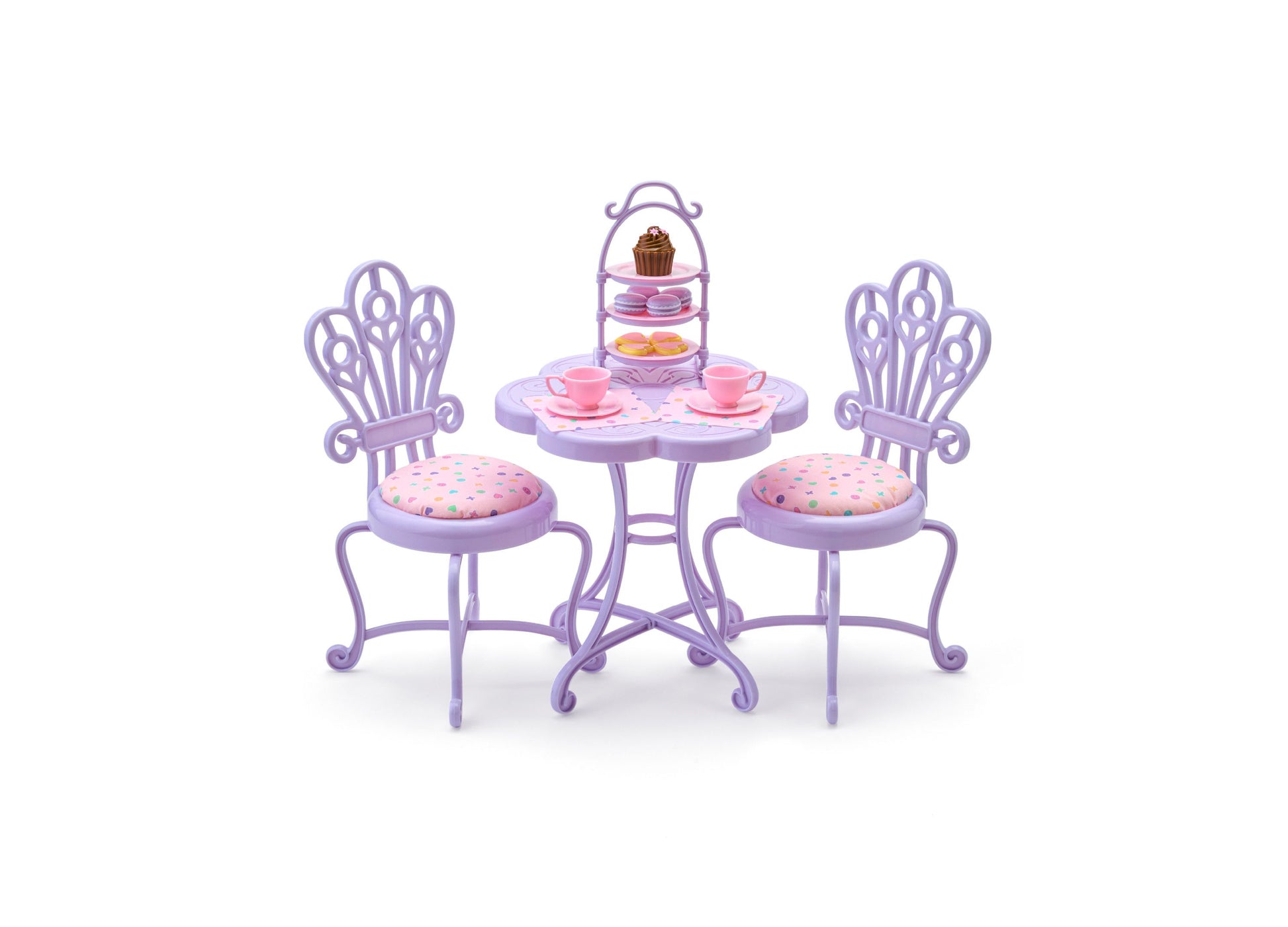 Purple ornate tea party playset with two chairs, round table, tiered pastry stand, teacups, and food accessories