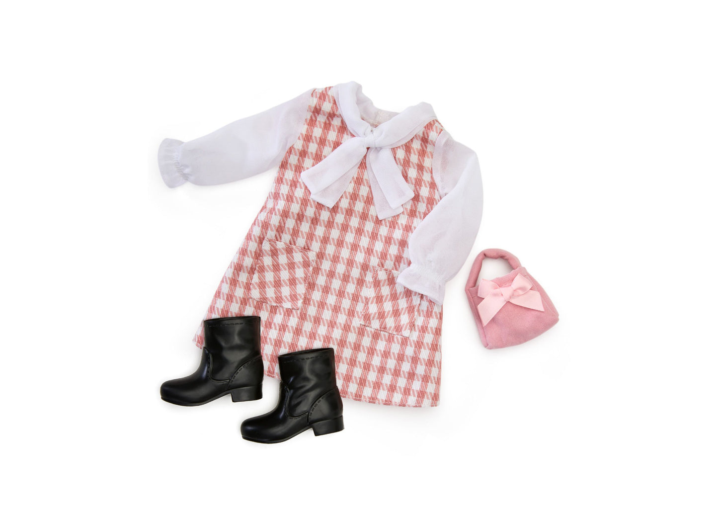 Doll outfit set with red and white houndstooth dress, white long-sleeved blouse, black boots, and pink handbag