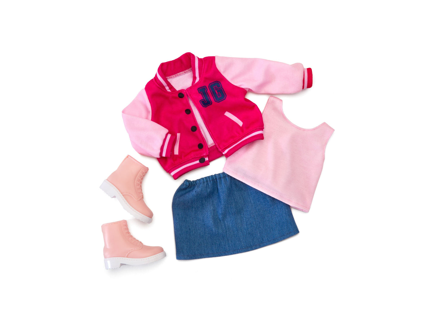 Pink and red varsity jacket with number 10, pink sleeveless top, denim skirt, and pink boots doll outfit set on white background