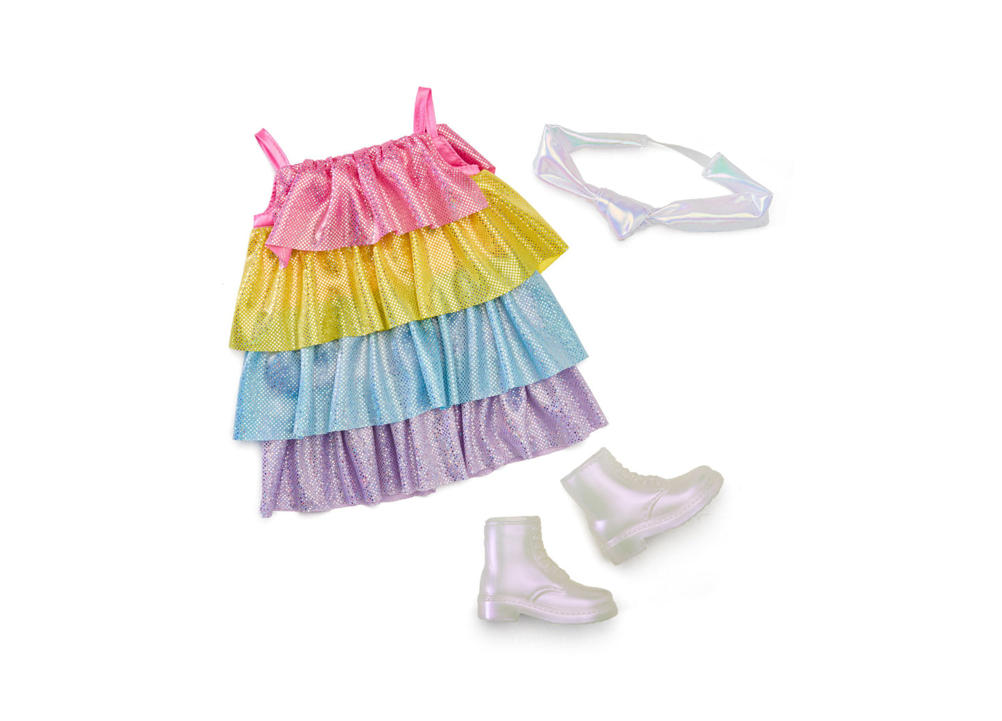 Colorful tiered ruffle dress with pink, yellow, blue, and purple layers, clear iridescent headband, and translucent lavender boots for 18-inch dolls