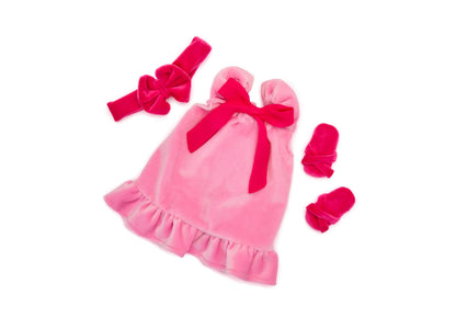Pink pajama set with hot pink bow and sash, including headband and slippers for 18-inch dolls