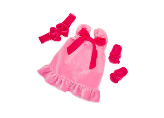 Pink pajama set with hot pink bow and sash, including headband and slippers for 18-inch dolls