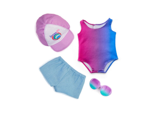 Journey Girls doll fashion pack with pink and purple gradient one-piece swimsuit, light blue shorts, purple cap with logo, and purple-to-teal gradient sunglasse