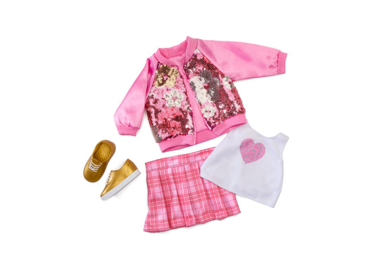 Pink sequin bomber jacket, white tee with pink heart, pink plaid skirt, and gold slip-on shoes for 18-inch dolls
