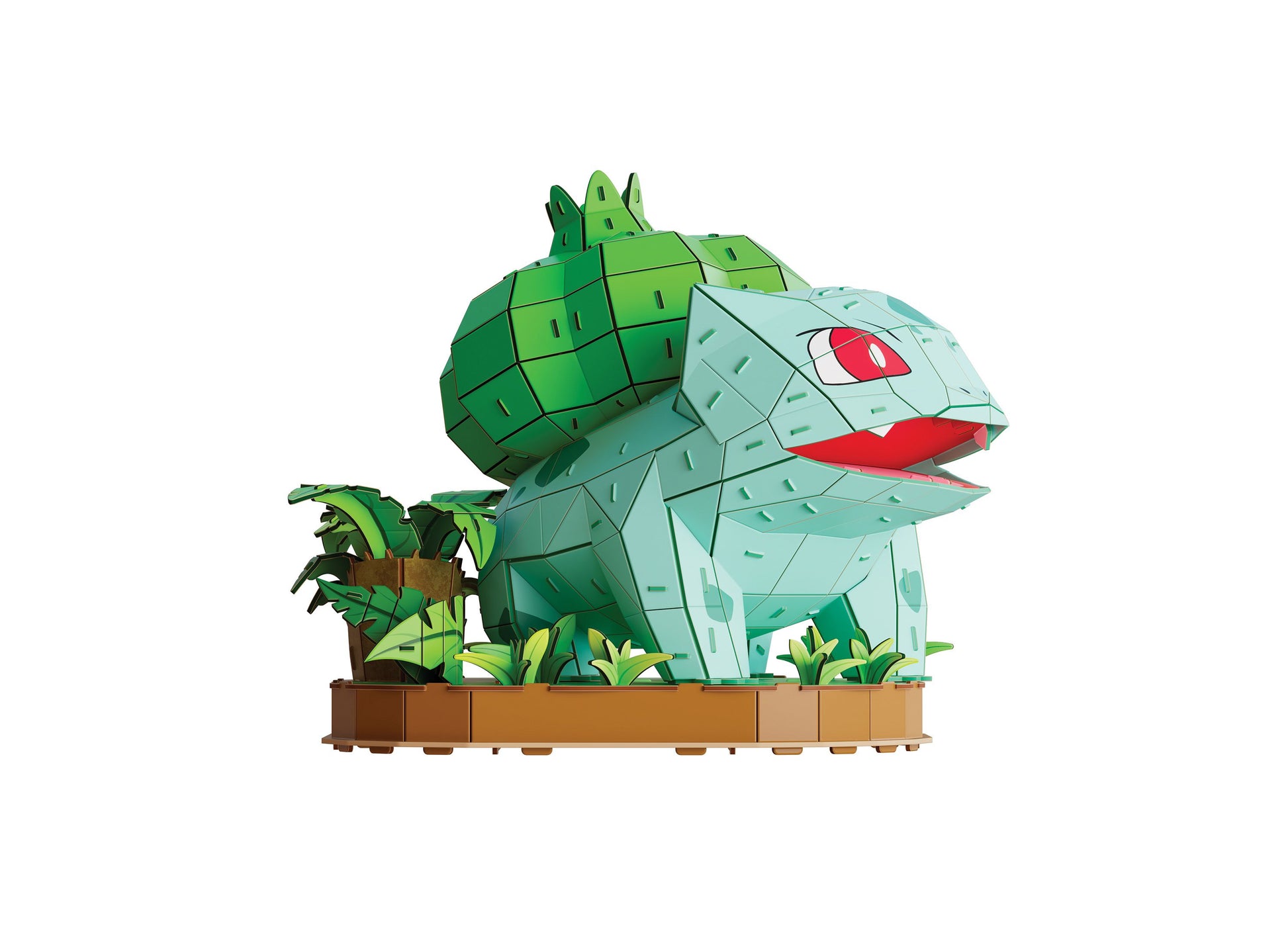 Pokémon Bulbasaur 3D Model Kit with green geometric body pieces, red mouth detail, and brown base with plant elements