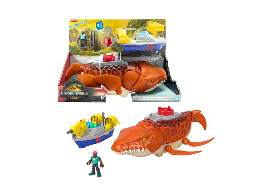 Imaginext Jurassic World Rebirth Aquachomp Mosasaurus playset with orange dinosaur figure, blue and yellow boat with crane, red action figure, and packaging