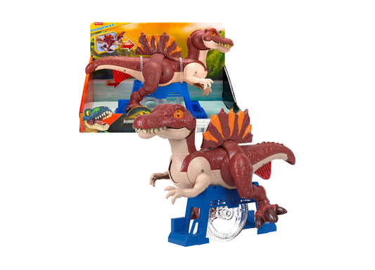 Imaginext Jurassic World Rebirth Sprinting Spinosaurus action figure set with red and cream dinosaur on blue base, includes smaller dinosaur