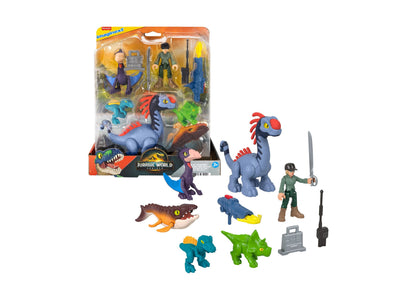 Imaginext Jurassic World Rebirth set with packaging, includes multiple dinosaur figures, human action figure in green outfit with sword, control device, and acc