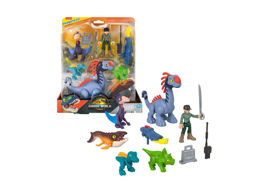 Imaginext Jurassic World Rebirth set with packaging, includes multiple dinosaur figures, human action figure in green outfit with sword, control device, and acc