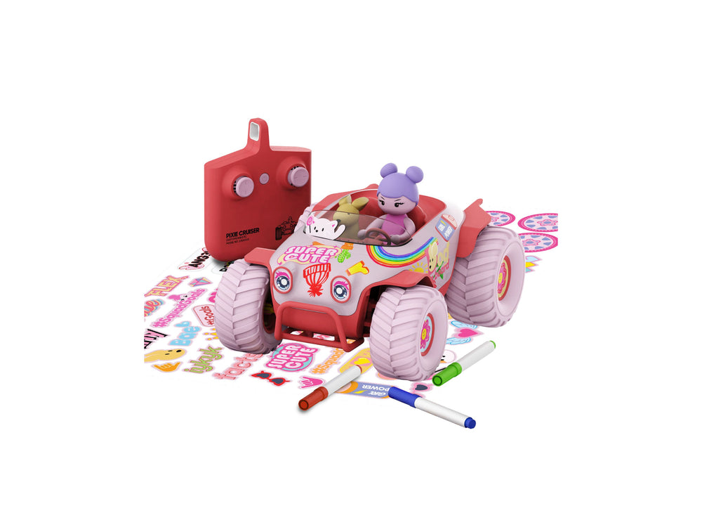 Pink remote-control car with purple wheels and a purple character figure inside, surrounded by colorful markers, stickers, and a red controller