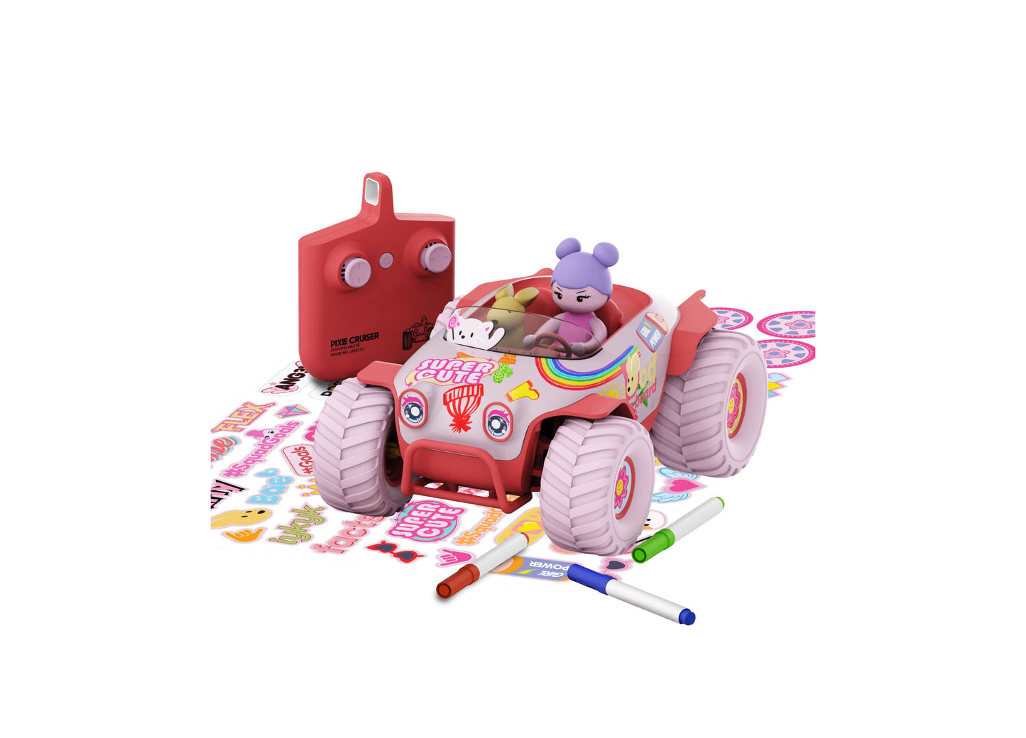 Pink remote-control car with purple wheels and a purple character figure inside, surrounded by colorful markers, stickers, and a red controller