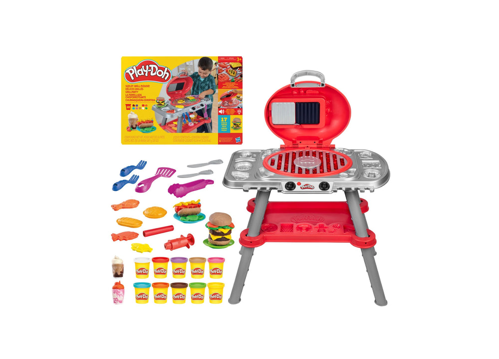 Play-Doh Sizzlin' Grill BBQ Playset with red grill station, gray legs, cooking tools, food pieces, and ten Play-Doh cans
