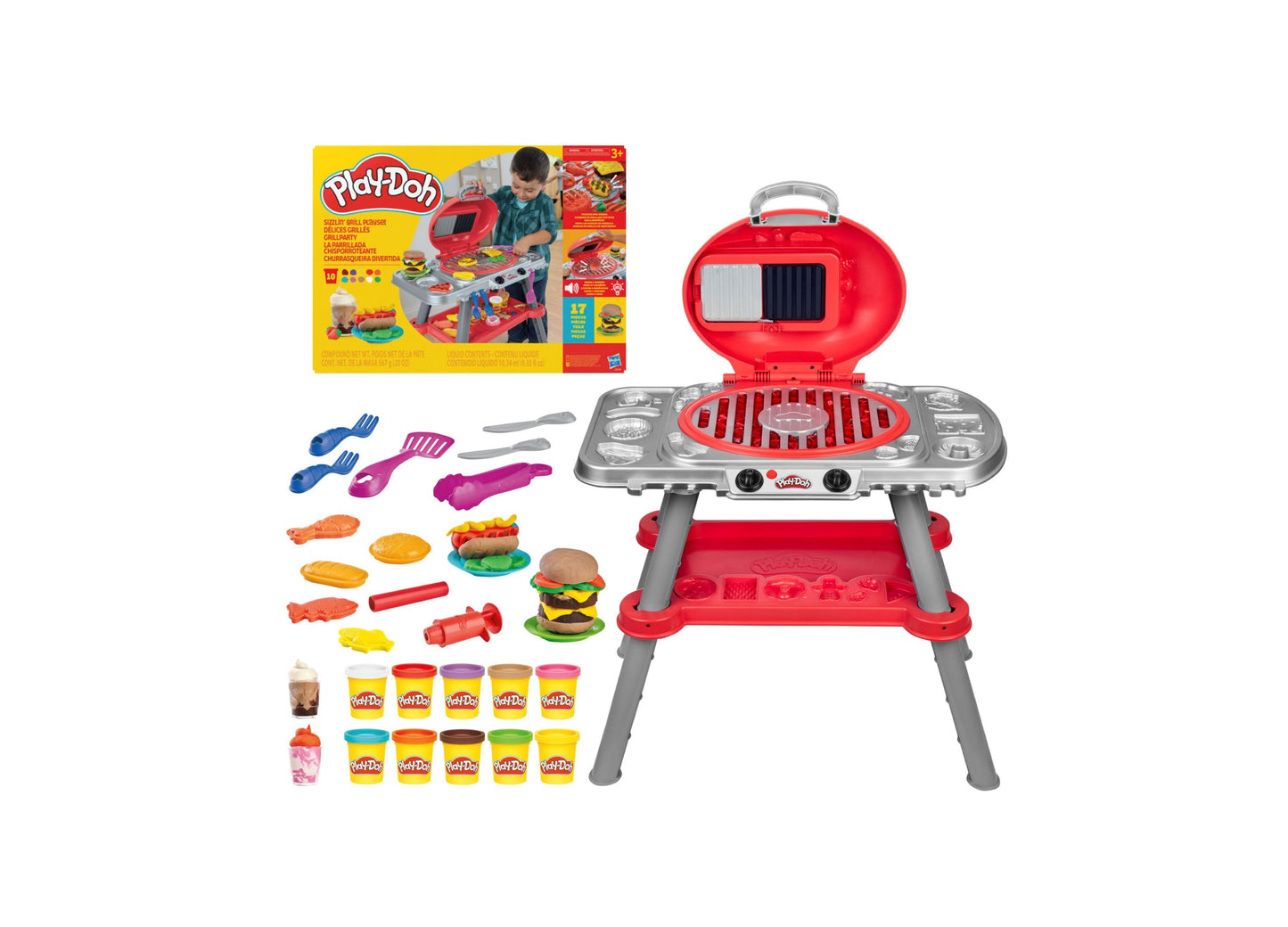 Play-Doh Sizzlin' Grill BBQ Playset with red grill station, gray legs, cooking tools, food pieces, and ten Play-Doh cans