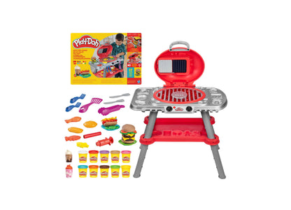 Play-Doh Sizzlin' Grill BBQ Playset with red grill station, gray legs, cooking tools, food pieces, and ten Play-Doh cans