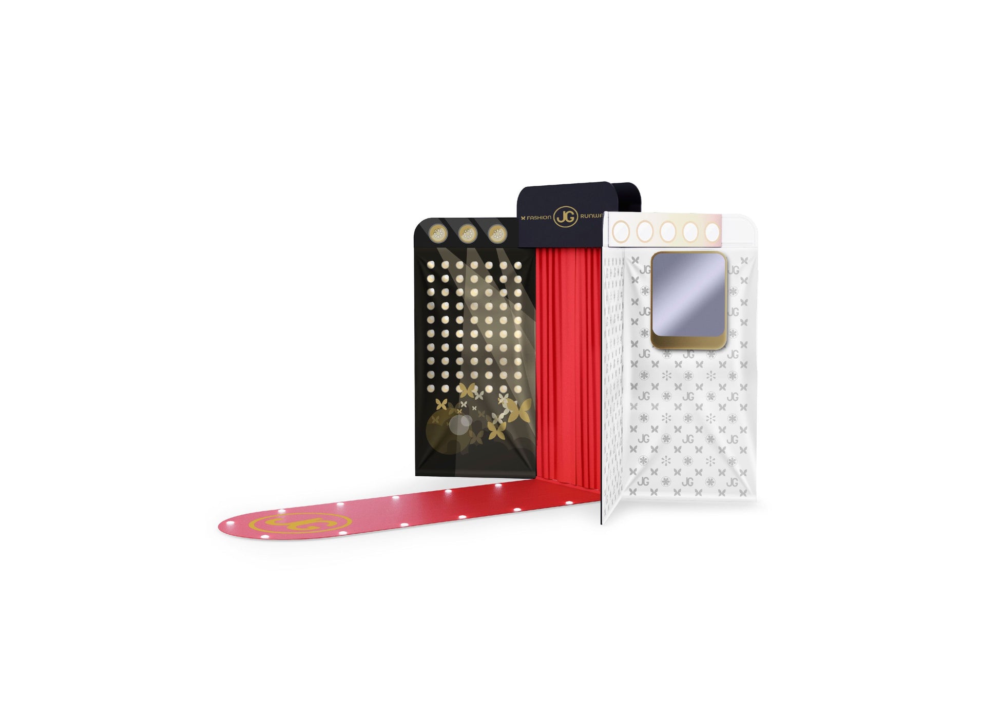 Journey Girls Glam Runway 4-Sided Fashion Show Playset with black studded backdrop, red curtain, white patterned display box, and pink runway stage