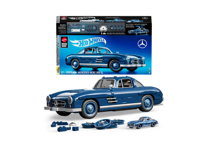 Hot Wheels Mercedes-Benz 300 SL buildable car set with blue sedan model, interchangeable wheels, and construction pieces displayed with original packaging