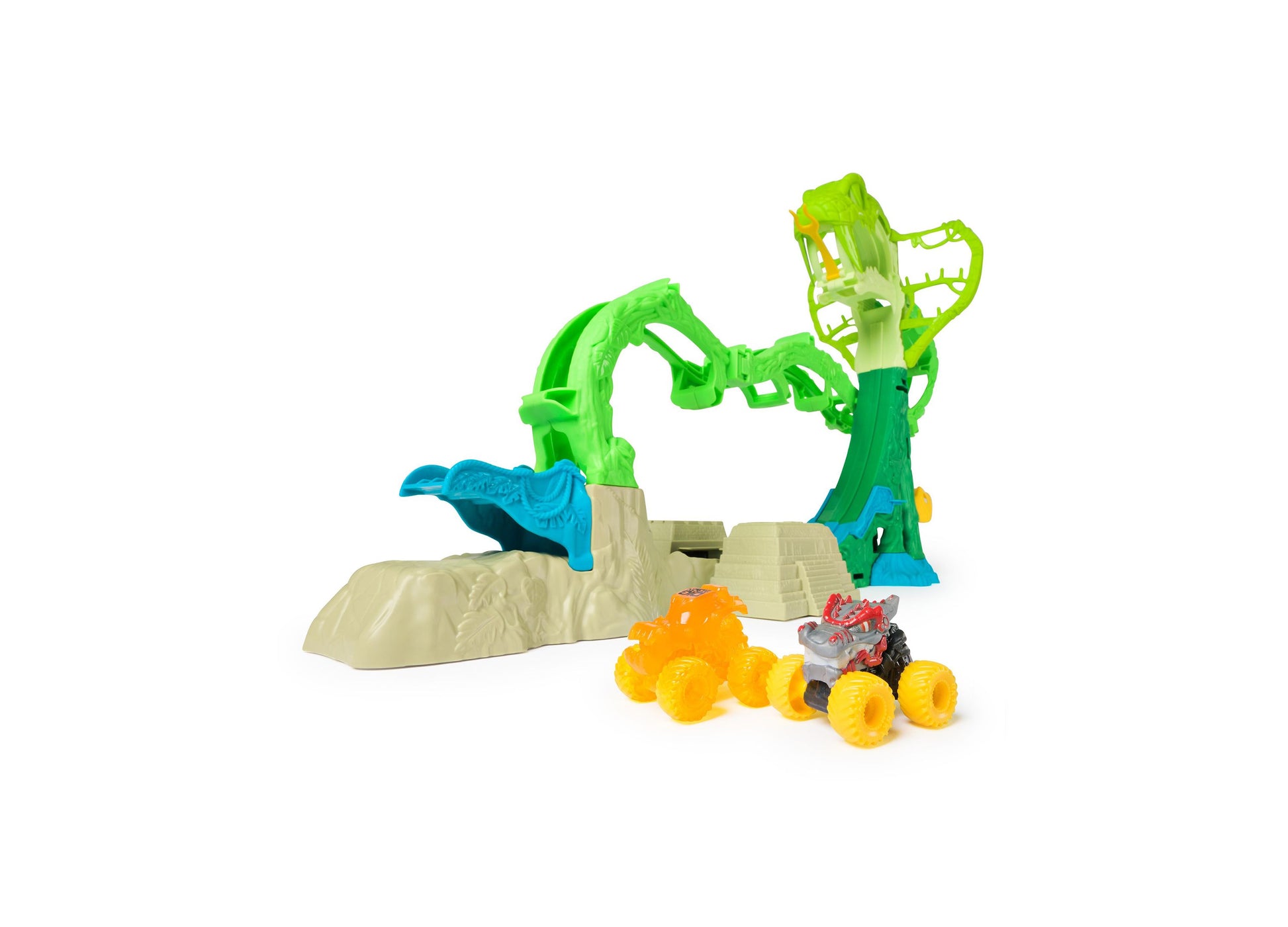Monster Jam Mini Jams Cobra's Crazy Escape Playset with green tree obstacle, tan rock formations, blue whale element, and small monster truck vehicle with yello
