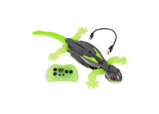HEX BOTS Radio Control Wall Crawler Gecko in neon green and black with remote control and USB charging cable