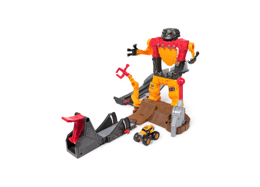 Monster Jam Smash Bot Playset with transforming robot figure in red and yellow, small yellow truck, and grey launcher ramp on brown base