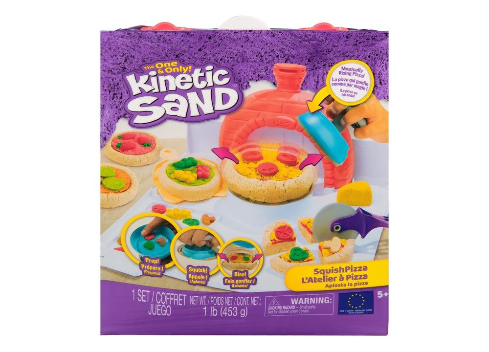 Kinetic Sand SquishPizza playset with purple packaging showing molded pizza bases, colorful kinetic sand toppings, and a red pizza oven tool