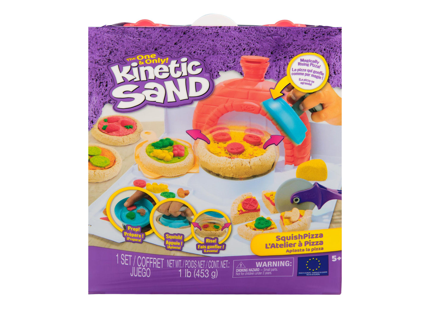 Kinetic Sand SquishPizza playset with purple packaging showing molded pizza bases, colorful kinetic sand toppings, and a red pizza oven tool