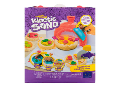 Kinetic Sand SquishPizza playset with purple packaging showing molded pizza bases, colorful kinetic sand toppings, and a red pizza oven tool