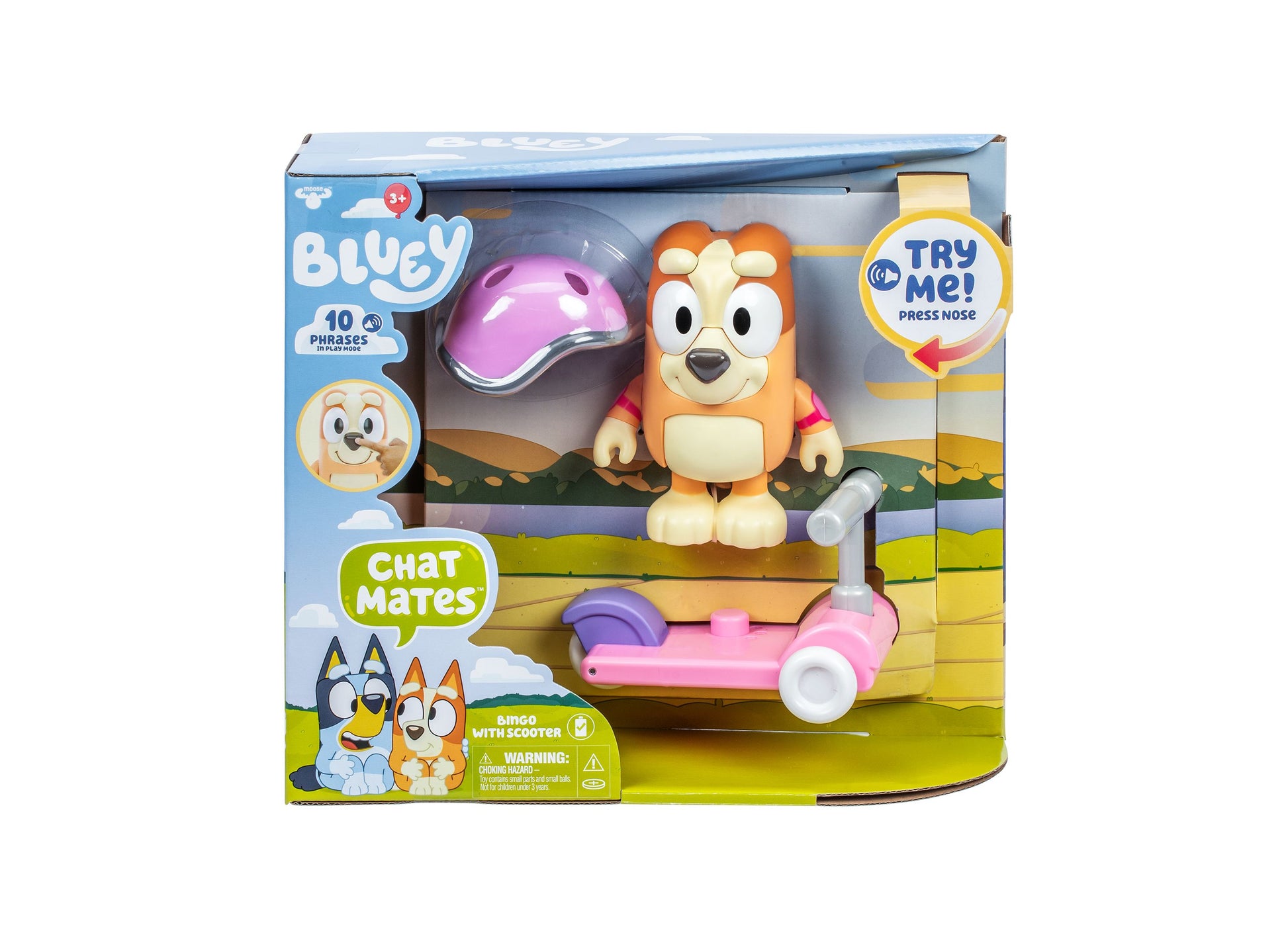 Bluey Chat Mates Bingo figure with orange and cream coloring, purple helmet, and pink scooter playset with accessories in retail packaging