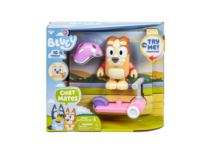 Bluey Chat Mates Bingo figure with orange and cream coloring, purple helmet, and pink scooter playset with accessories in retail packaging