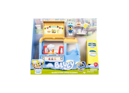 Bluey's Food Truck Playset with yellow and blue truck featuring a menu board, chef character with chef's hat, red stool, and accessories, with small figure and