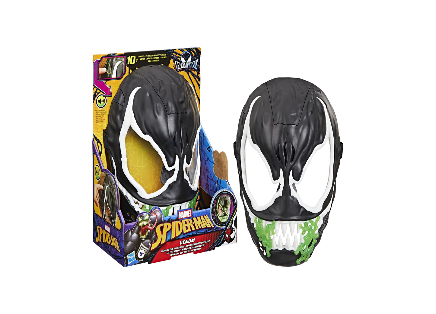 Spider-Man Marvel Venom black and white mask with glow-in-the-dark features shown on packaging and displayed separately