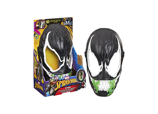 Spider-Man Marvel Venom black and white mask with glow-in-the-dark features shown on packaging and displayed separately
