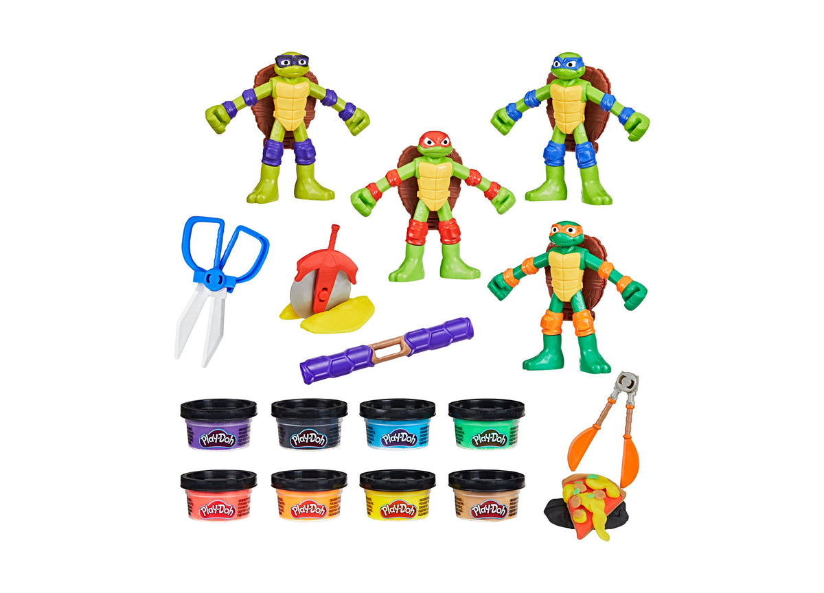 Play-Doh TMNT Cowabunga Creations set with four colorful Ninja Turtle figures, tools, and eight Play-Doh cans