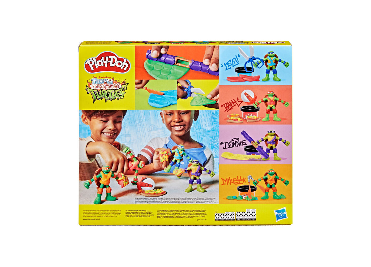 Play-Doh TMNT Cowabunga Creations playset with four Ninja Turtle figures, tools, and colorful Play-Doh cans on yellow...