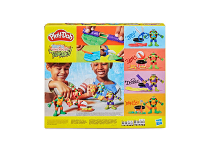 Play-Doh TMNT Cowabunga Creations playset with four Ninja Turtle figures, tools, and colorful Play-Doh cans on yellow...