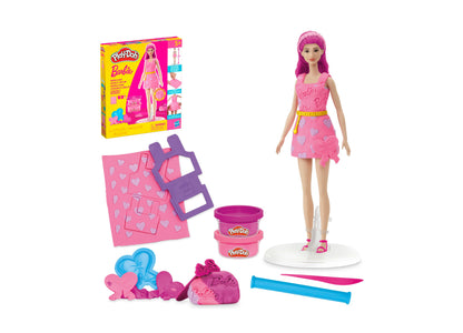 Play-Doh Barbie Hearts and Hair styling set with doll on model, pink heart-patterned design mat, purple accessories, Play-Doh containers, and modeling tools
