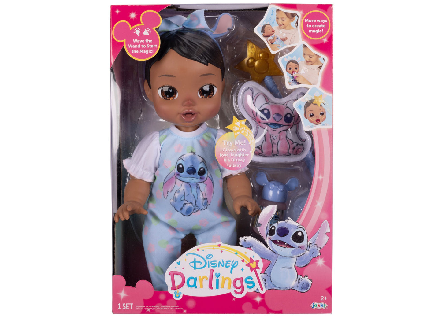 Disney Darlings 13-inch doll with black hair and large sparkle eyes, wearing light blue pajamas with Stitch character print, includes wand accessory and small p
