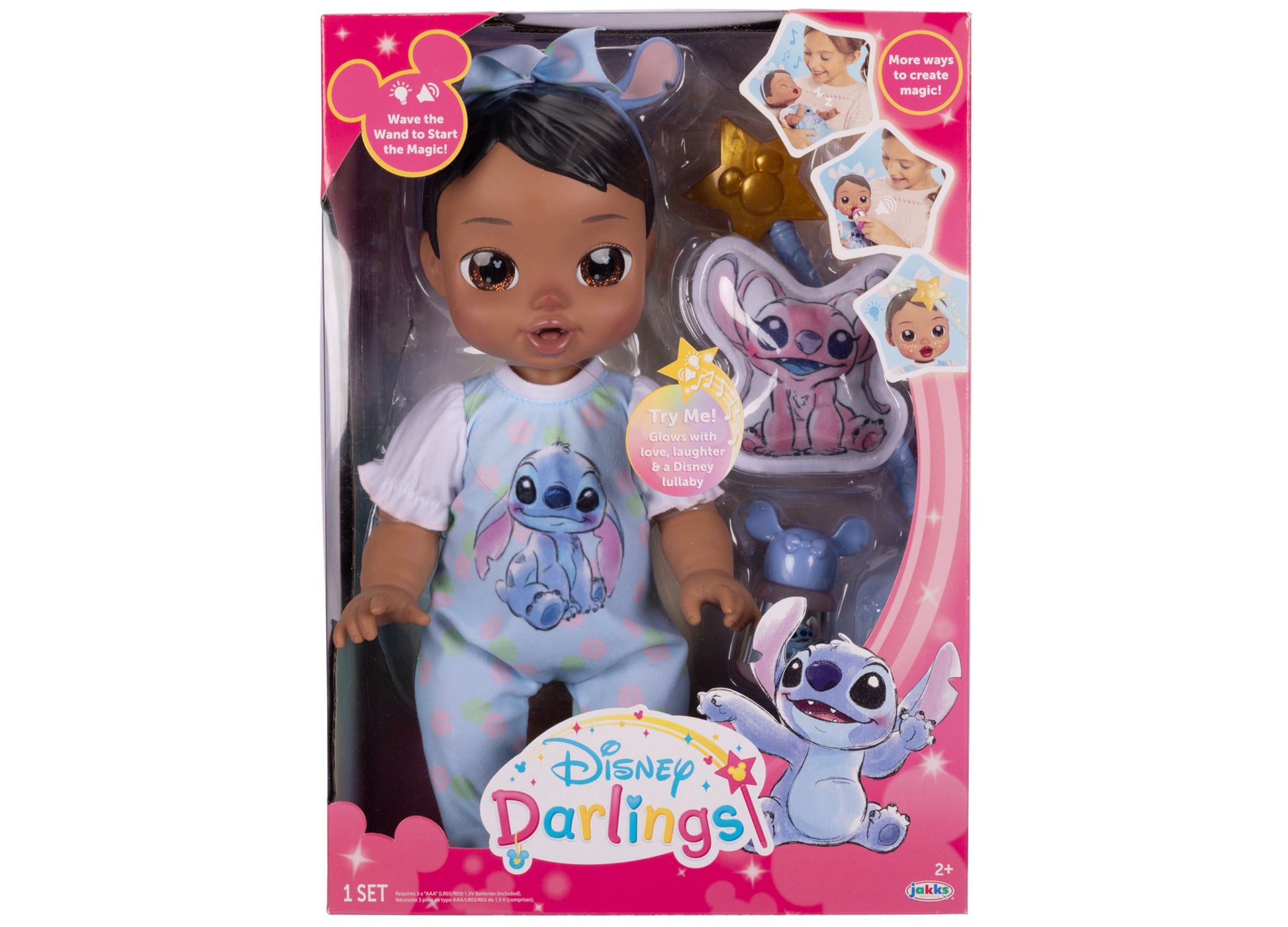 Disney Darlings 13-inch doll with black hair and large sparkle eyes, wearing light blue pajamas with Stitch character print, includes wand accessory and small p