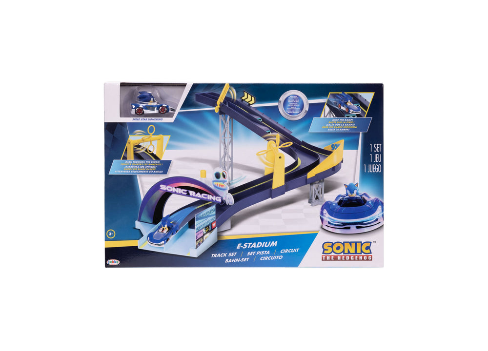 Sonic E-Stadium racing track set with blue Sonic vehicle, looping track with yellow elements, and launcher base