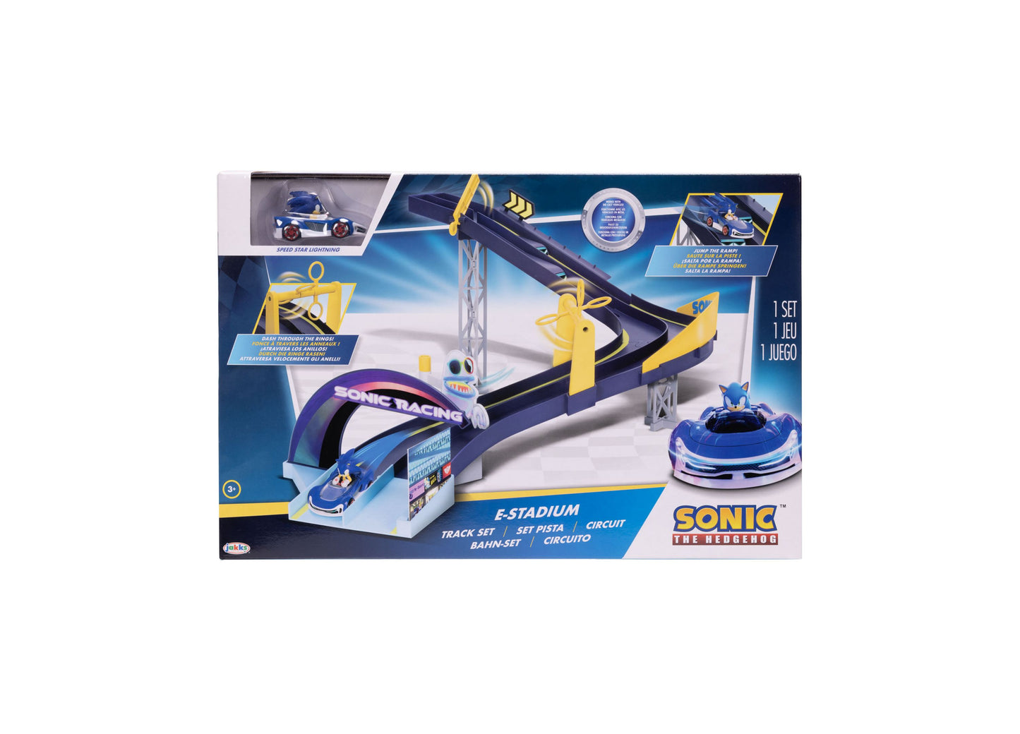 Sonic E-Stadium racing track set with blue Sonic vehicle, looping track with yellow elements, and launcher base