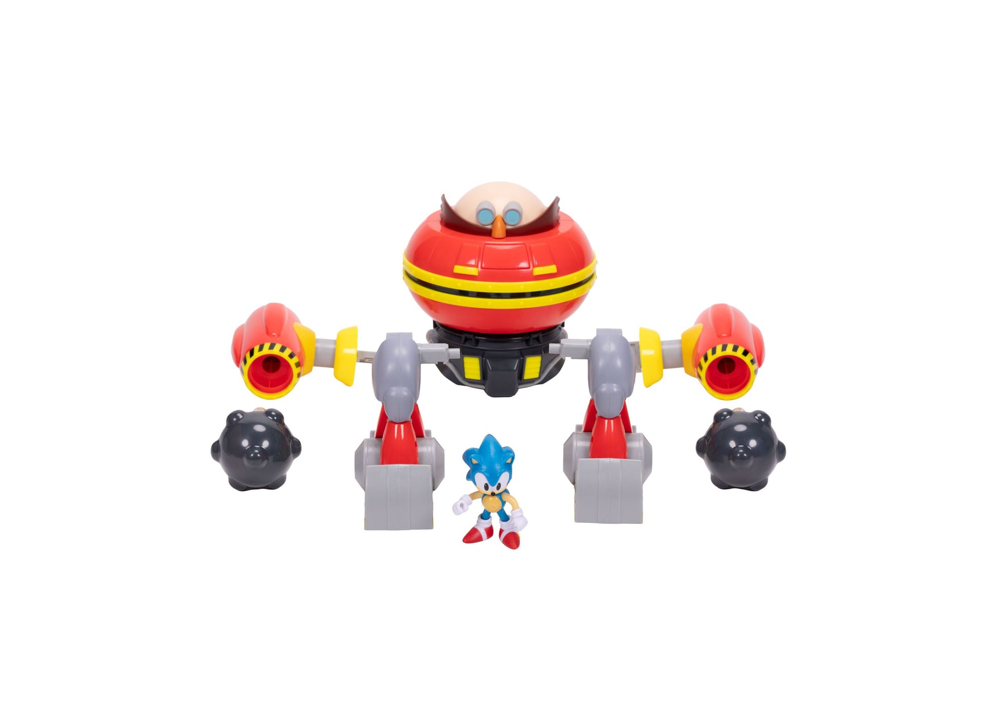 Sonic Hammer Egg Robot with Articulated Sonic Figure Deluxe Playset featuring red and yellow robot with extended arms, two black spheres, and articulated blue S