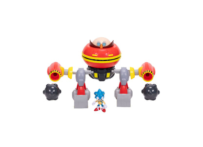 Sonic Hammer Egg Robot with Articulated Sonic Figure Deluxe Playset featuring red and yellow robot with extended arms, two black spheres, and articulated blue S