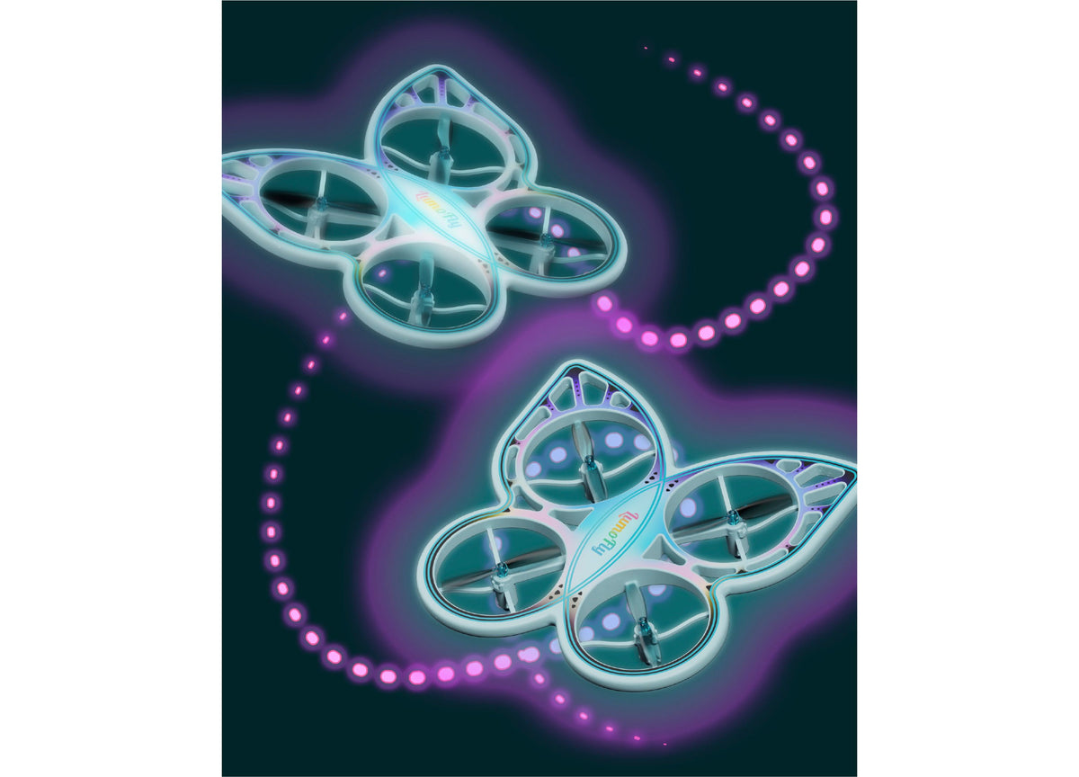 Two white and teal remote control butterfly drones with glowing pink LED lights against dark background