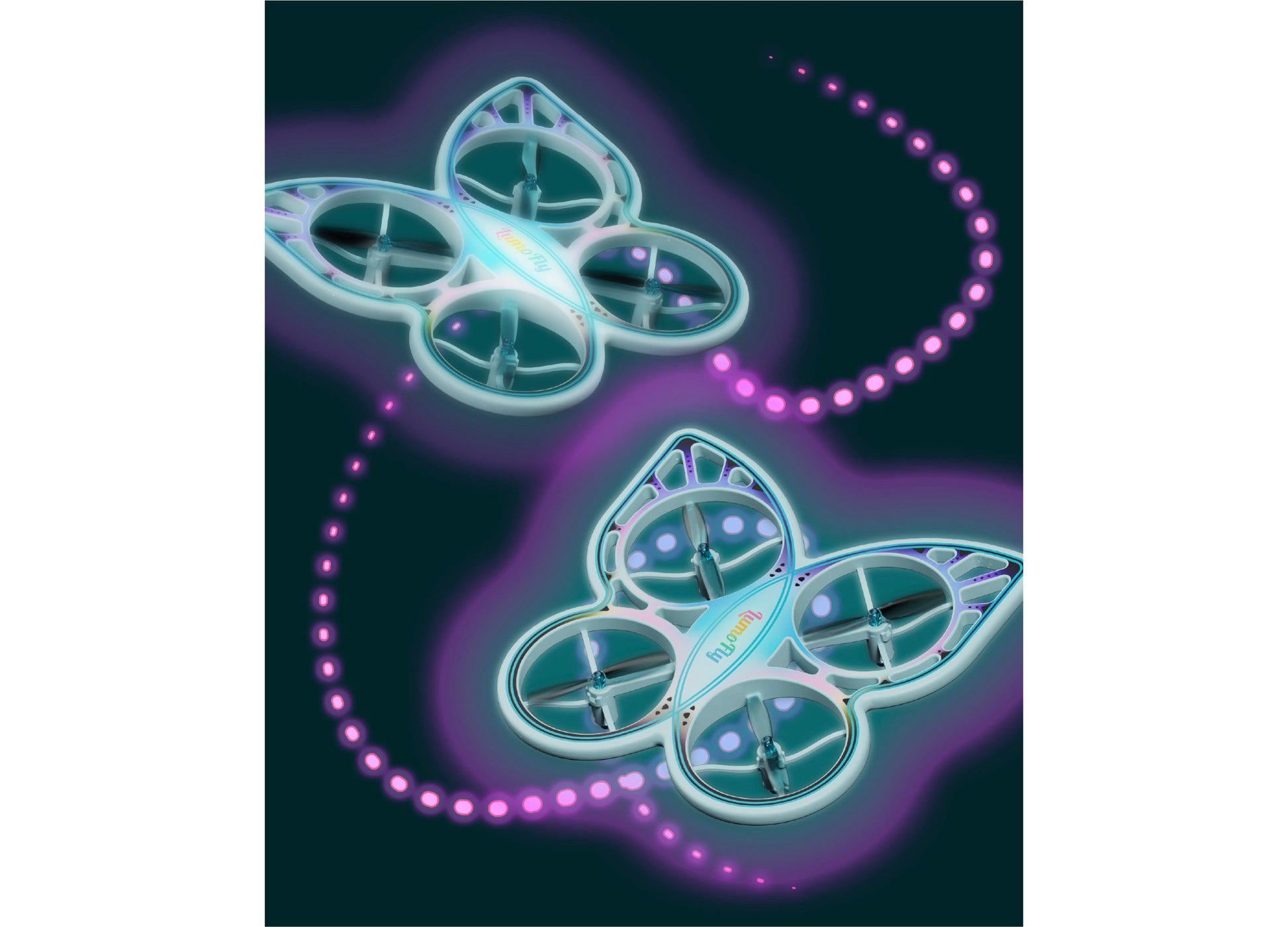 Two white and teal remote control butterfly drones with glowing pink LED lights against dark background