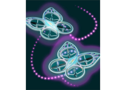 Two white and teal remote control butterfly drones with glowing pink LED lights against dark background