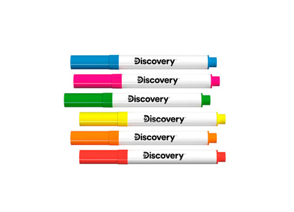Discovery Kids Doodle Projector set with 6 colorful dry-erase markers in blue, pink, green, yellow, orange, and red