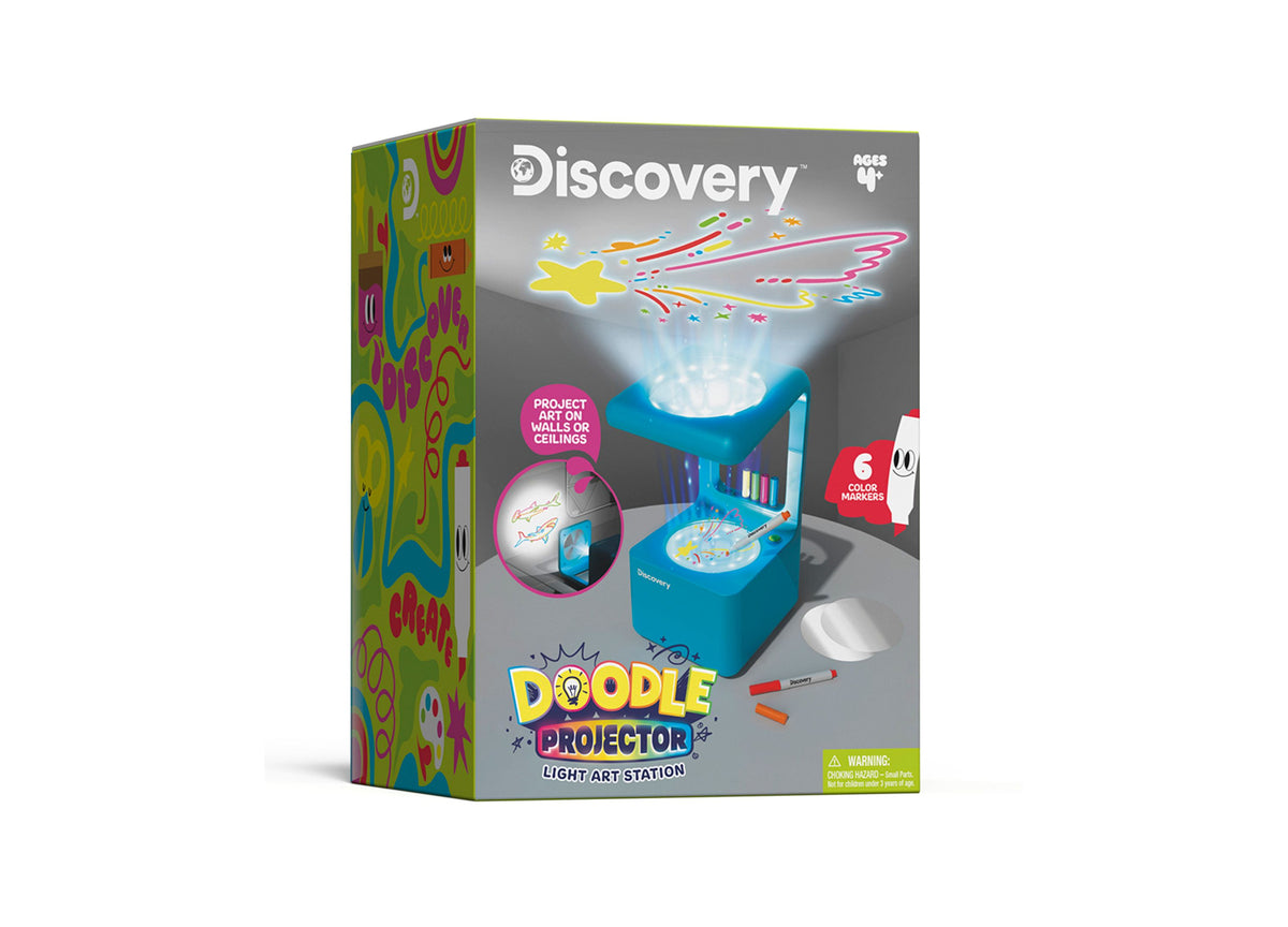Discovery Kids Doodle Projector Light Art Station with blue projector base, colorful markers, and projected artwork o...
