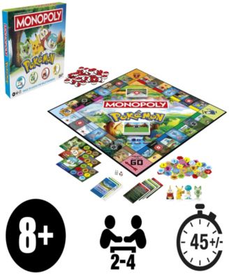 Pokémon Monopoly Edition Board Game with colorful game board, cards, tokens, and dice