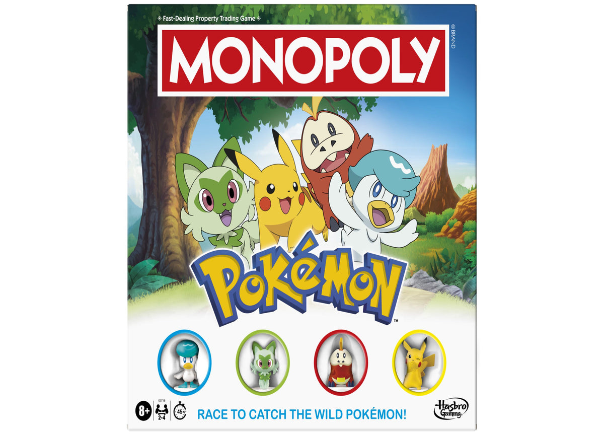 Pokémon Monopoly Edition Board Game box featuring Pikachu, Sprigatito, Piplup, and Scorbunny with game pieces below