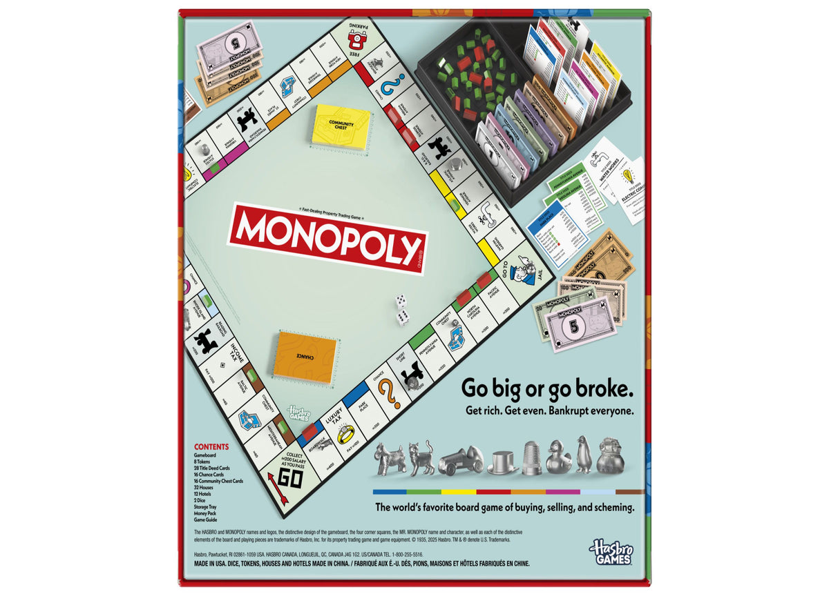 Monopoly Classic Edition board game with game board, tokens, play money, cards, and dice displayed on light blue back...