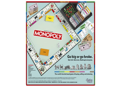 Monopoly Classic Edition board game with game board, tokens, play money, cards, and dice displayed on light blue back...